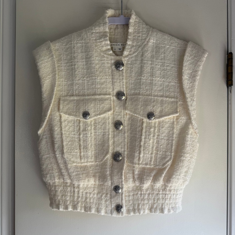 Veronica Beard Cream Tweed Cropped Vest Silver Crest Button Smocked Hem XS